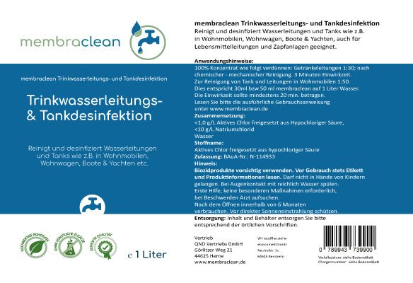 1 Liter membraclean Trinkwasserleitungs - und Tankdesinfektion - membraclean - shop.de