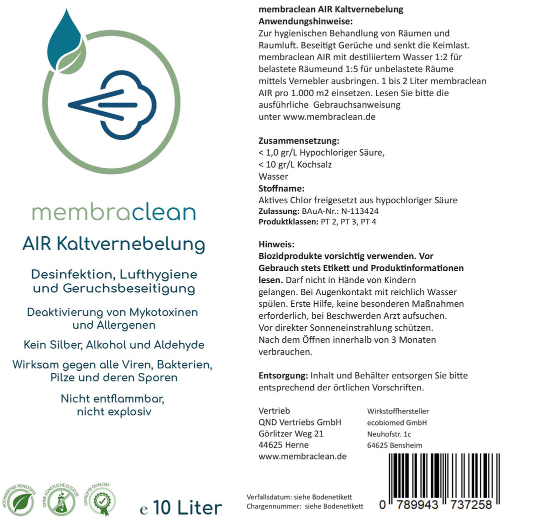 10 Liter membraclean AIR Kaltvernebelung moderne Hygiene (Konzentrat) - membraclean-shop.de