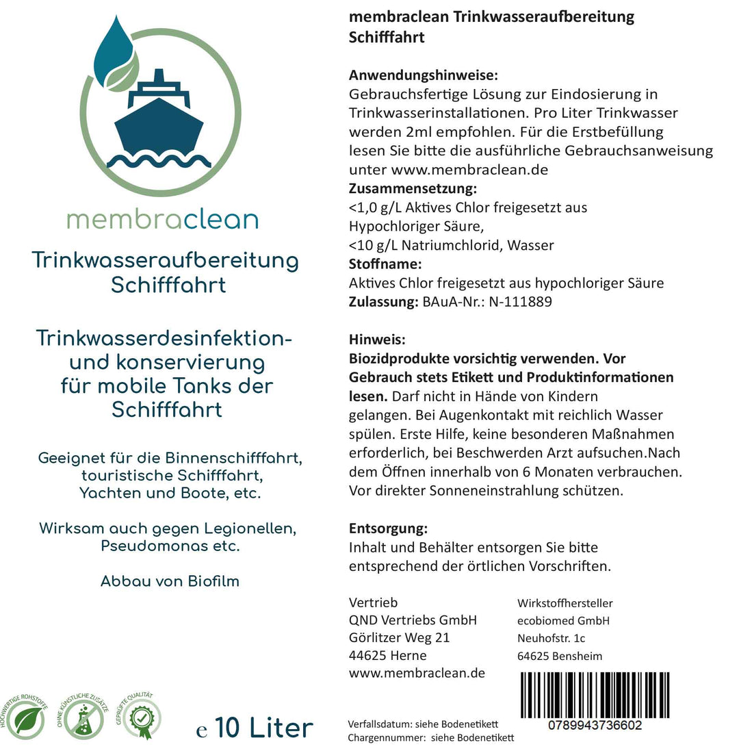 2x 10 Liter membraclean Trinkwasseraufbereitung Schifffahrt (Boote & Yachten) - membraclean-shop.de