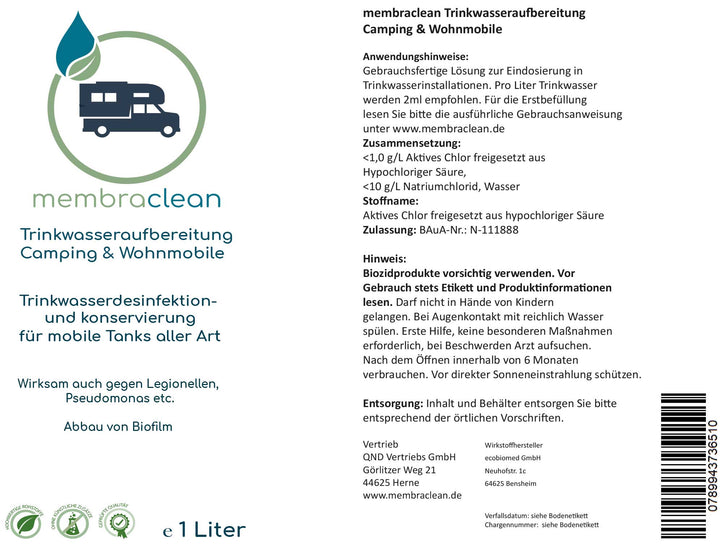 4x 1 Liter membraclean Trinkwasseraufbereitung Camping & Wohnmobile + Dosierhilfe - membraclean-shop.de