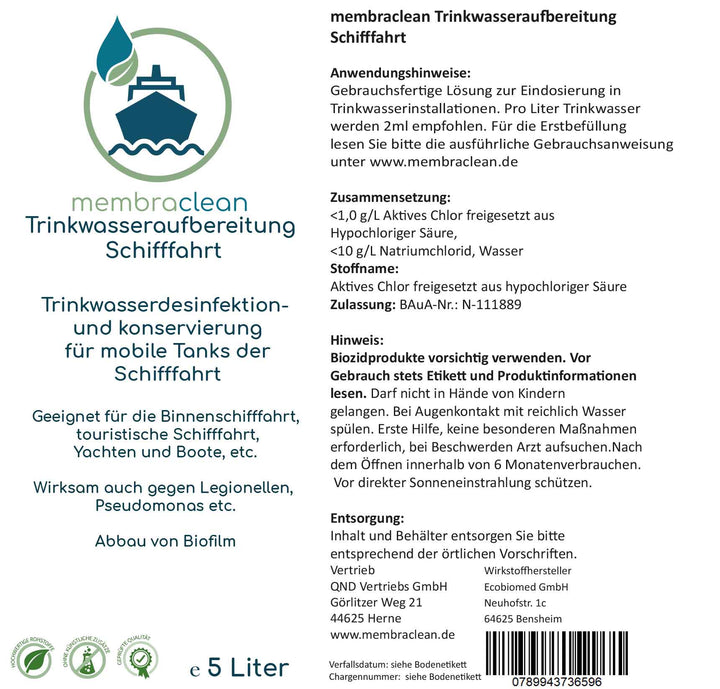 6 Liter membraclean Trinkwasseraufbereitung Schifffahrt (Boote & Yachten) + Dosierhilfe (Spar - Set) - membraclean - shop.de