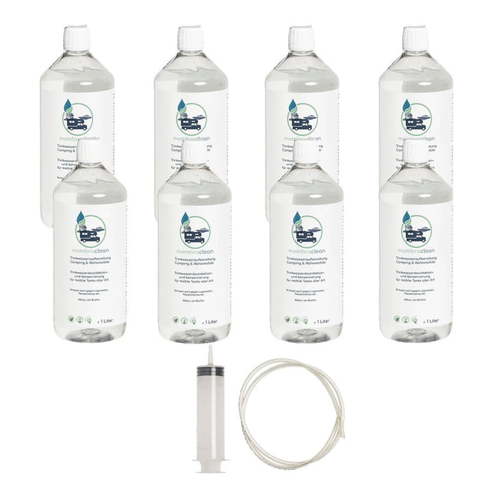 8x 1 Liter membraclean Trinkwasseraufbereitung Camping & Wohnmobile + Dosierhilfe - membraclean-shop.de