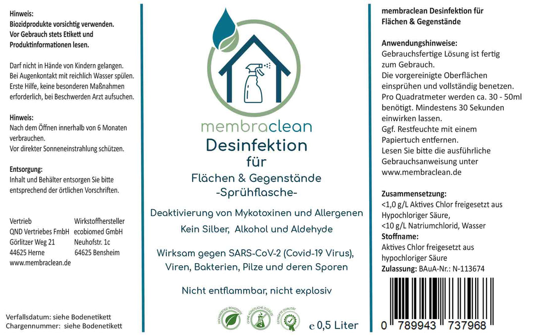 membraclean Desinfektion für Flächen & Gegenstände - 0,5 Liter in Sprühflasche - membraclean-shop.de