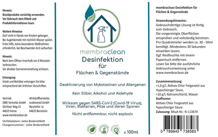 membraclean Desinfektion für Flächen & Gegenstände - 100ml im Zerstäuber - membraclean-shop.de