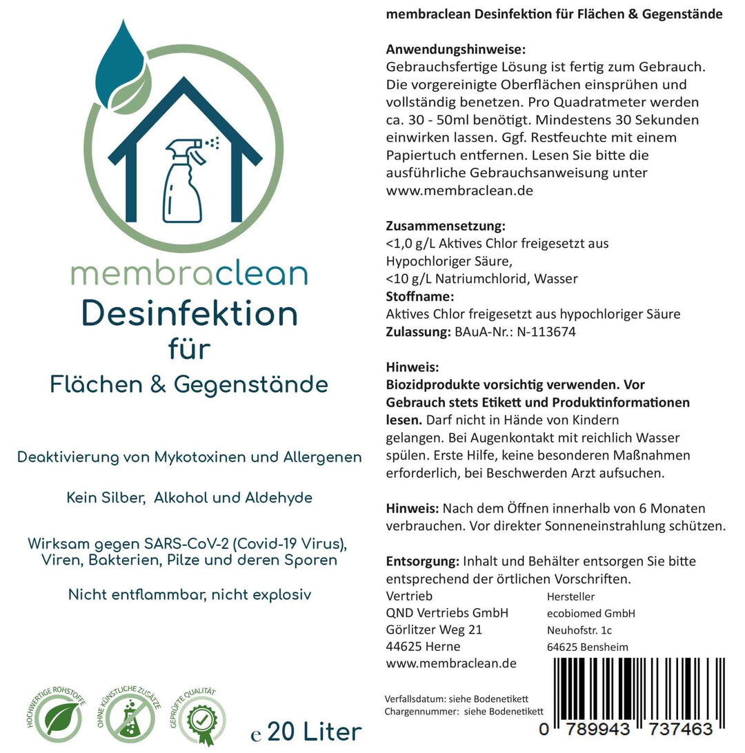 membraclean Desinfektion für Flächen & Gegenstände - 20 Liter - membraclean-shop.de