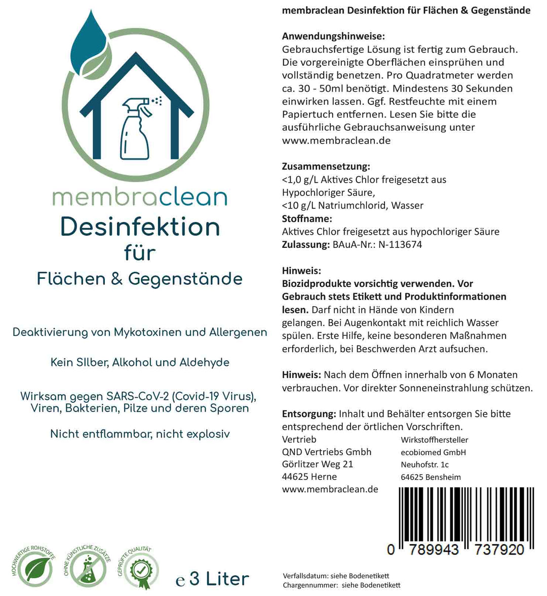 membraclean Desinfektion für Flächen & Gegenstände - 3 Liter - membraclean-shop.de