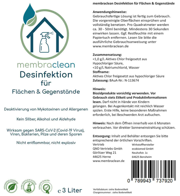 membraclean Desinfektion für Flächen & Gegenstände - 3 Liter - membraclean-shop.de