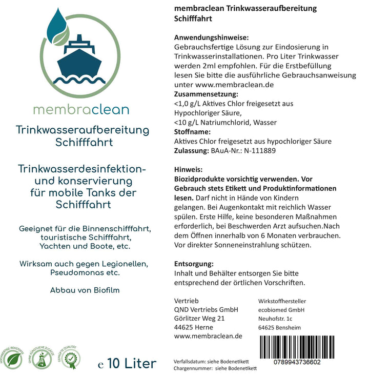 membraclean Trinkwasseraufbereitung Schifffahrt (Boote & Yachten) - 10 Liter - membraclean-shop.de