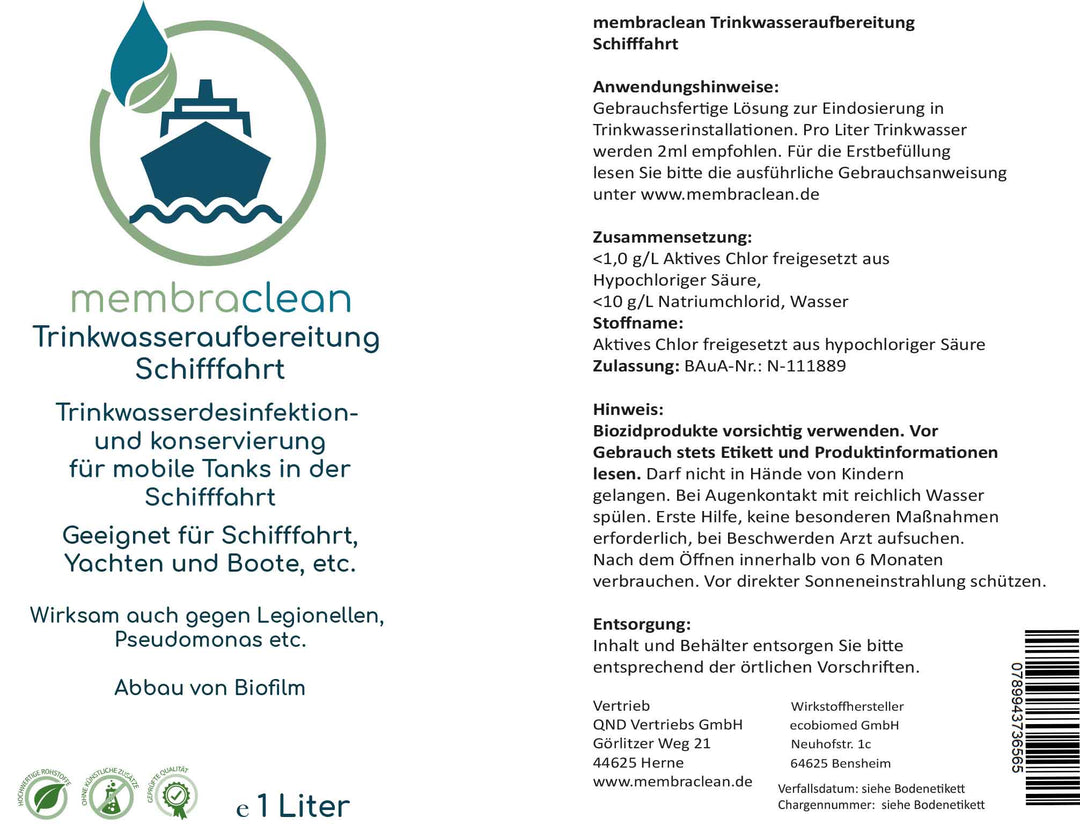 1 Liter membraclean Trinkwasseraufbereitung Schifffahrt (Boote & Yachten)