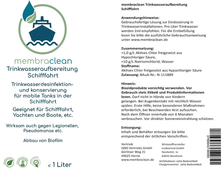 1 Liter membraclean Trinkwasseraufbereitung Schifffahrt (Boote & Yachten)